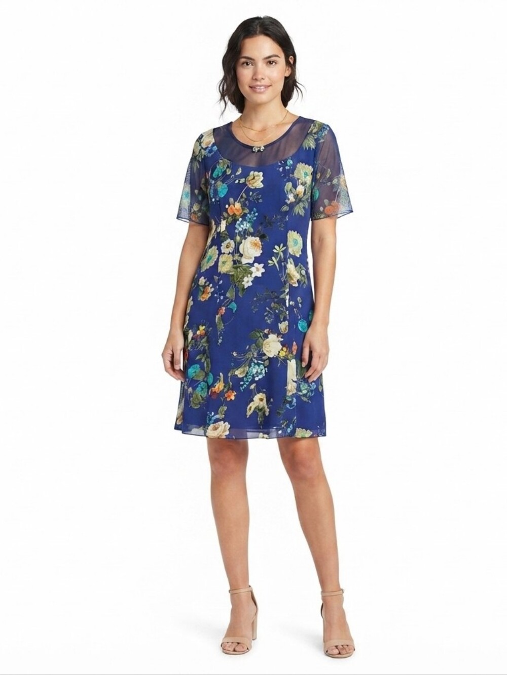 Stizzoli Italy Blue Floral Mesh Midi Dress Sheer Flutter Sleeve Cottagecore M